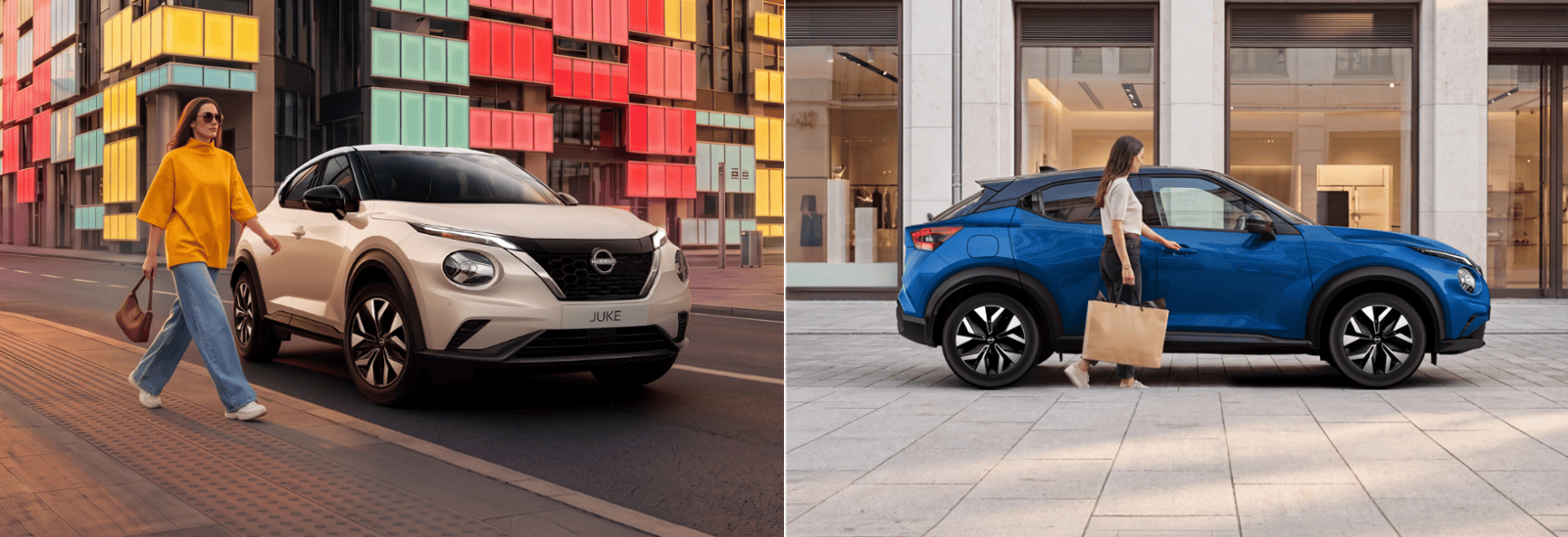 Traseiras de dois Nissan Juke, um vermelho e um verde, em movimento 
