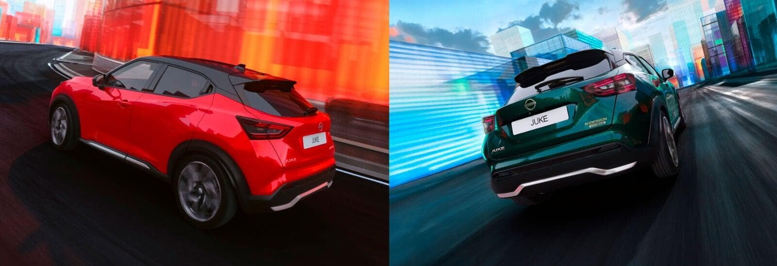 Traseiras de dois Nissan Juke, um vermelho e um verde, em movimento 