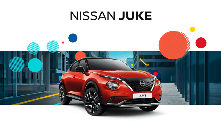 Nissan Juke vermelho, visto de perfil dianteiro. O design compacto, a frente expressiva e a silhueta desportiva destacam-se entre elementos gráficos coloridos. 