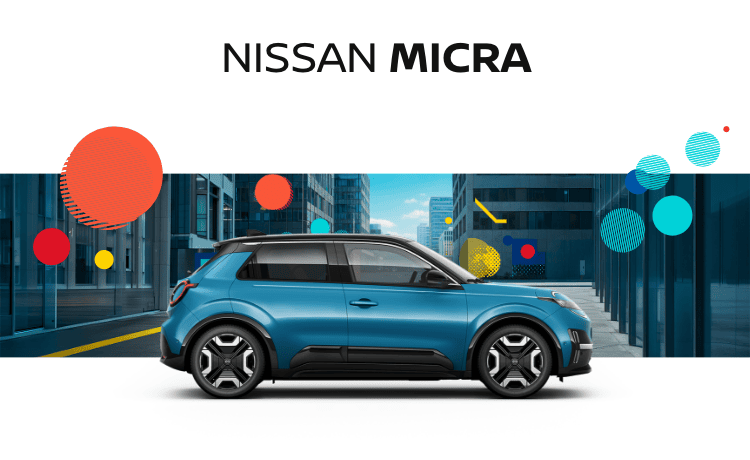 Novo Nissan MICRA azul, visto de perfil. O novo citadino elétrico Nissan é realçado pelos elementos gráficos coloridos da campanha. 