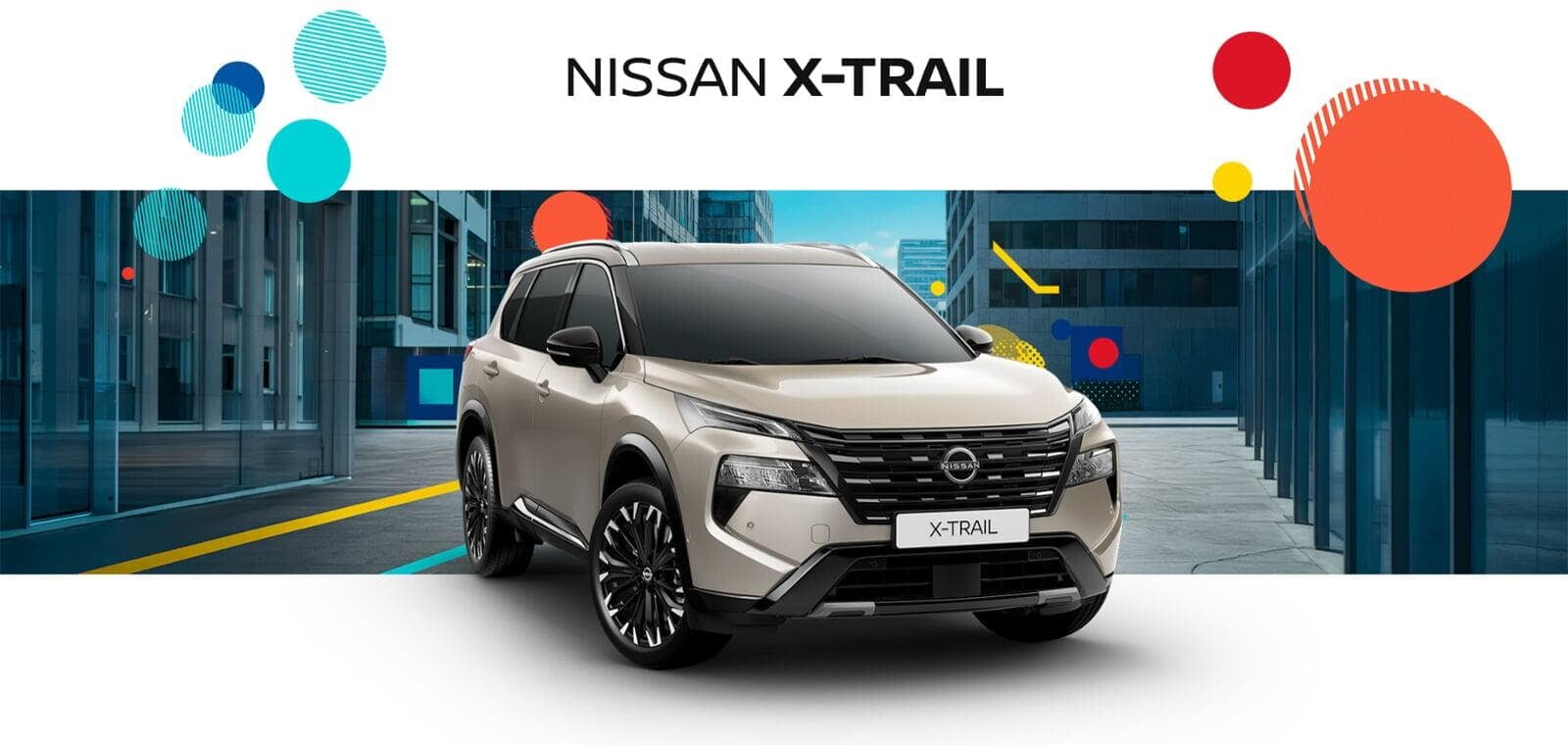 Nissan X-Trail cinzento, apresentado de perfil dianteiro. A carroçaria robusta e as proporções de SUV familiar destacam-se no cenário gráfico. 