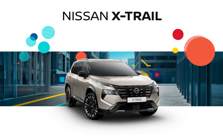 Nissan X-Trail cinzento, apresentado de perfil dianteiro. A carroçaria robusta e as proporções de SUV familiar destacam-se no cenário gráfico. 