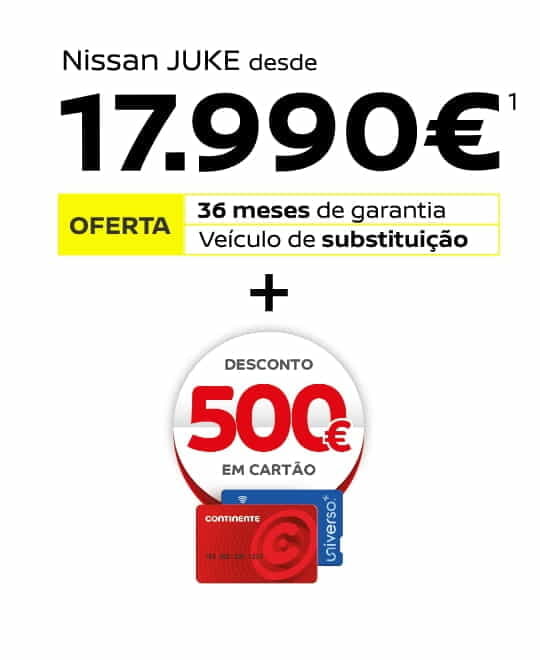 Grafismo com a oferta do Nissan Juke desde 17.990€, incluindo 36 meses de garantia, veículo de substituição e 500€ em Cartão Continente.