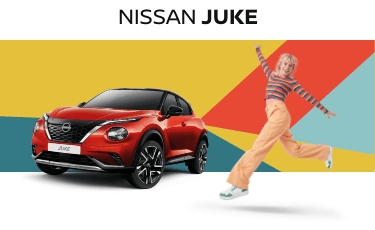 Nissan Juke vermelho em destaque, acompanhado por uma mulher, que salta de felicidade. Fundo geométrico colorido.