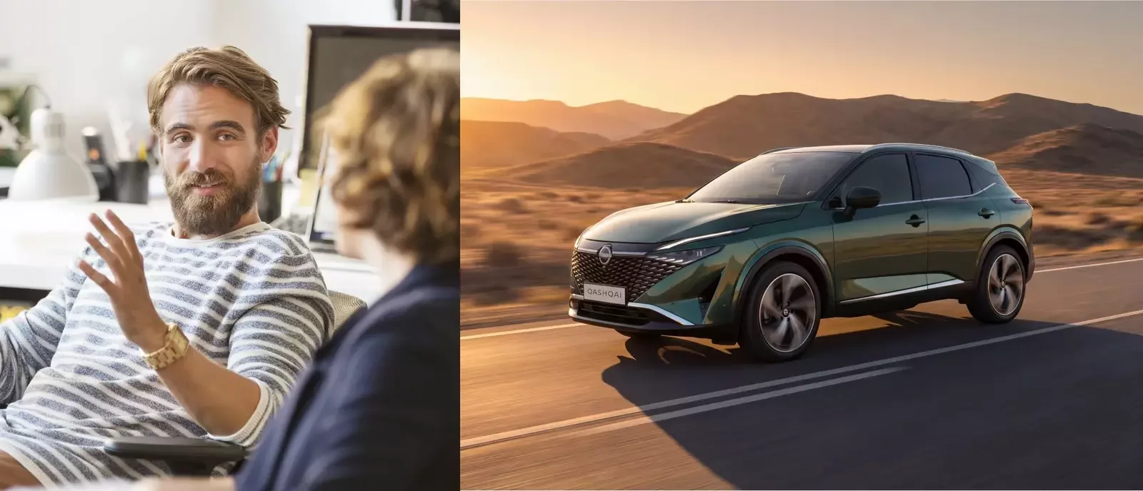 Homem a falar num ambiente informal ao lado de um Nissan Qashqai a conduzir numa estrada em paisagem aberta ao pôr do sol.