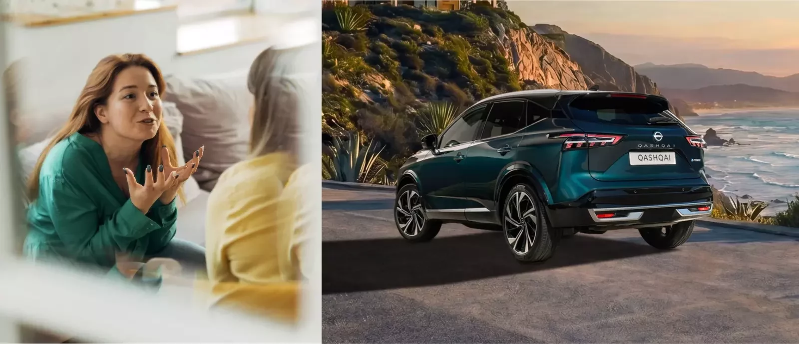 Mulher a gesticular durante conversa em casa ao lado de um Nissan Qashqai estacionado junto a uma estrada costeira.