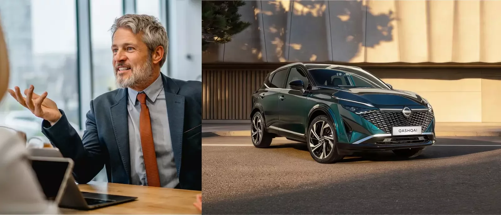 Homem a conversar numa reunião de trabalho ao lado de imagem de um Nissan Qashqai e-POWER estacionado numa rua moderna.