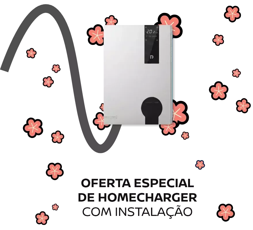 Equipamento doméstico de energia com design moderno em fundo preto decorado com elementos gráficos florais.