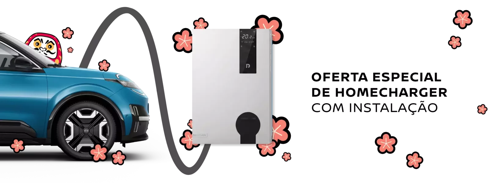 Equipamento doméstico de energia com design moderno em fundo preto decorado com elementos gráficos florais.