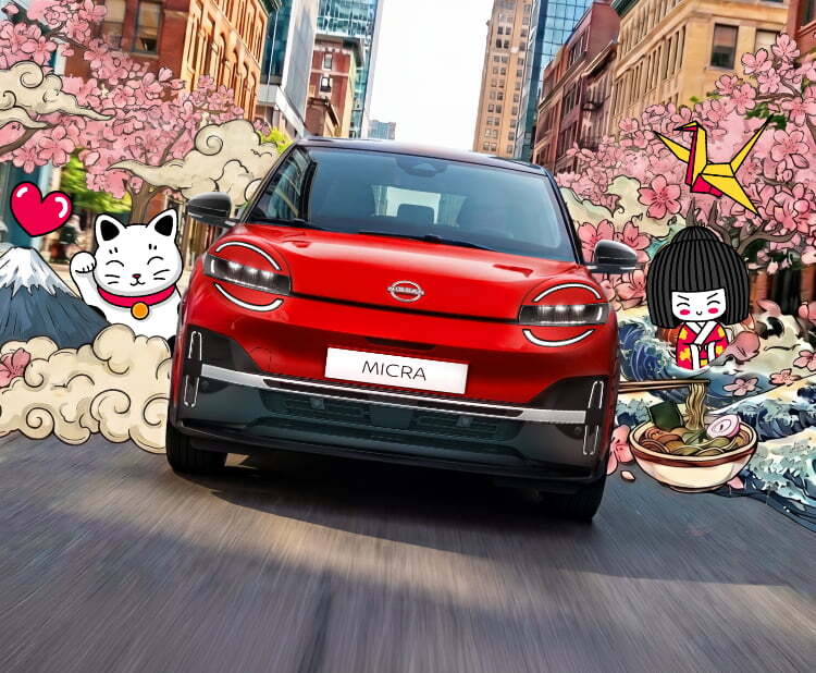 Nissan Micra vermelho a conduzir numa cidade, rodeado por ilustrações inspiradas na cultura japonesa como flores de cerejeira e personagens animadas.