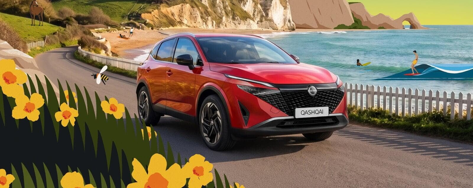 Nissan Qashqai vermelho, percorre a estrada de uma ilustração de um ambiente costeiro, com falésias, mar e um prado de flores amarelas.