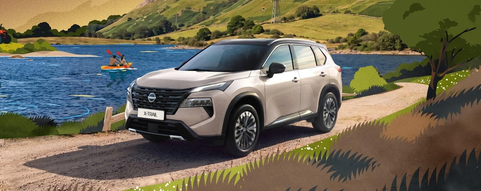 Nissan X-Trail branco percorre a ilustração de uma estrada perto de um lago, com um casal a fazer canoagens e um cenário de colinas verdes em pano de fundo. 