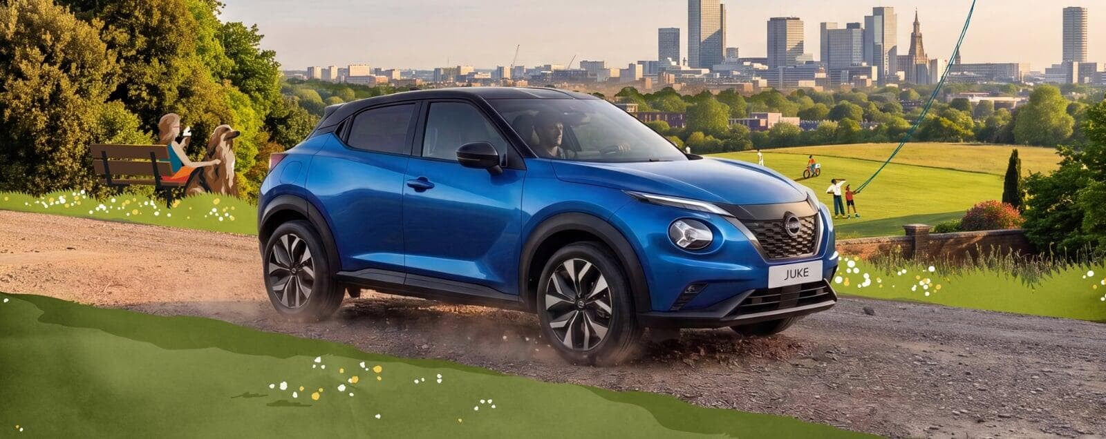 Nissan Juke azul atravessa a ilustração de um parque citadino.