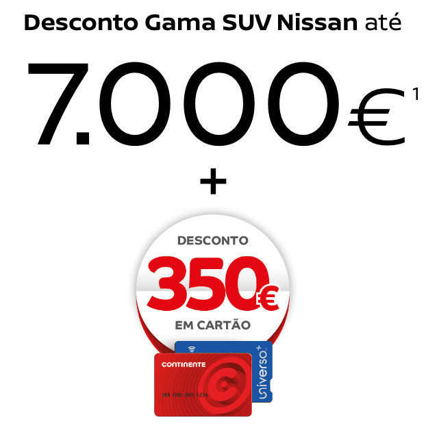 Selo promocional da campanha SUV Nissan, com descontos até 7.000€ e 350€ em Cartão Continente. 