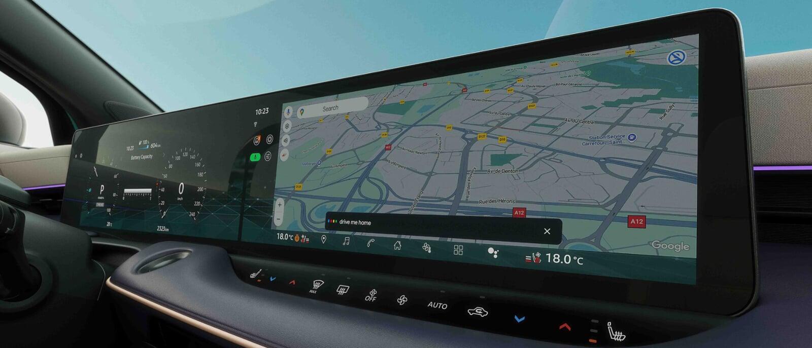 - Vista aproximada dos dois ecrãs de 14,3’’, no interior do novo Nissan LEAF. 